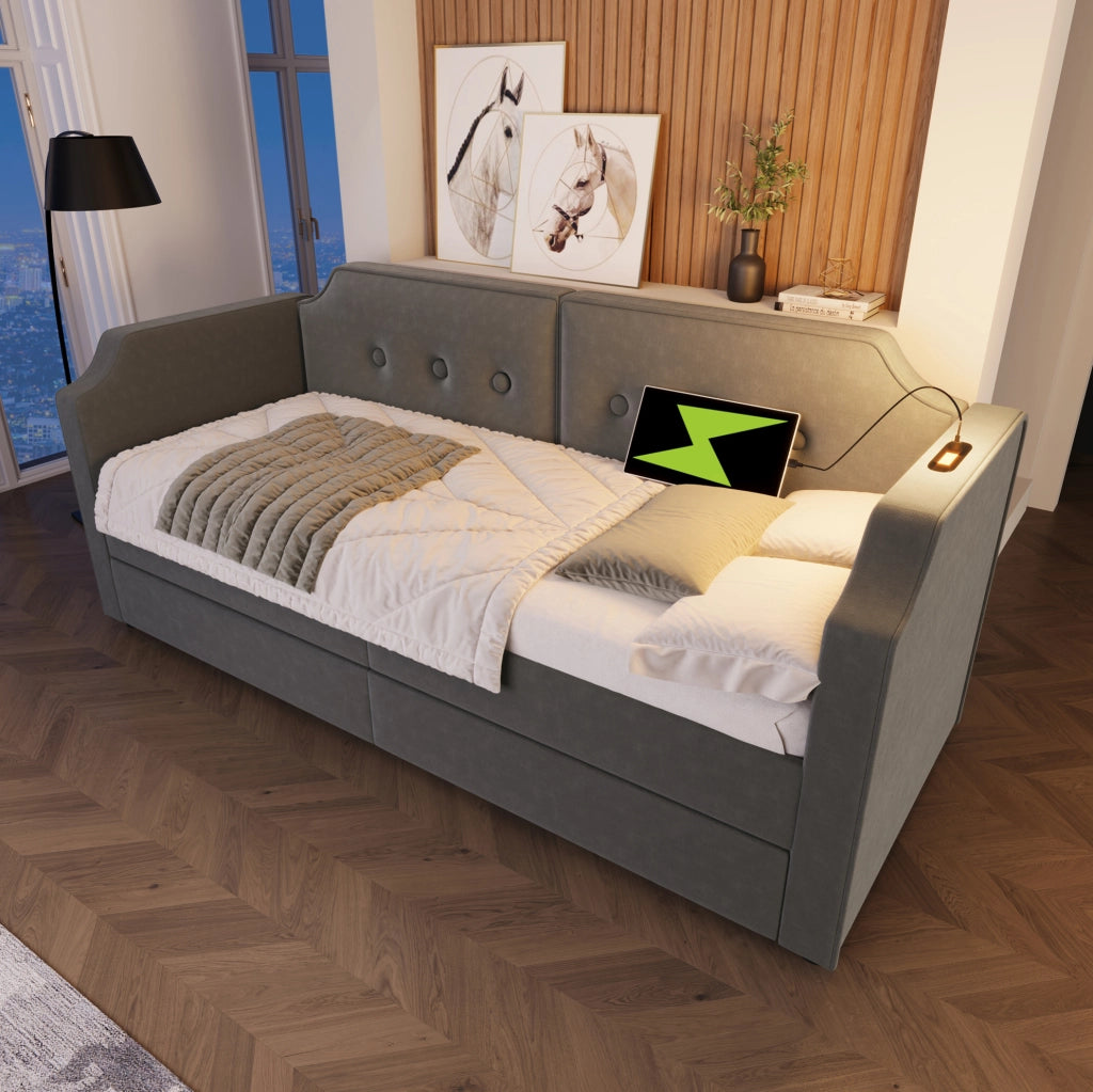 Letto imbottito 90x200 cm in velluto grigio con USB Type-C; luce da lettura e 2 cassetti