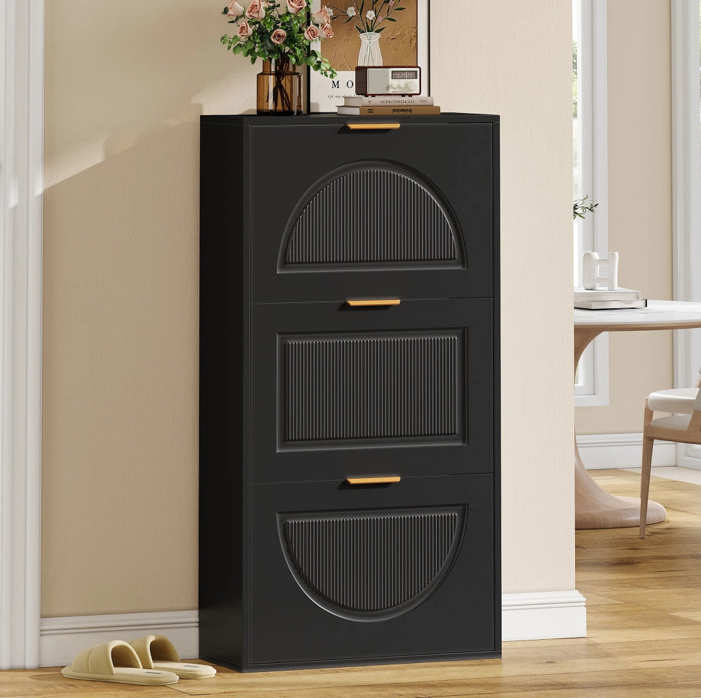 Scarpiera stretta 60x24x114 cm salvaspazio con ribalta; MDF e pannello truciolare nero