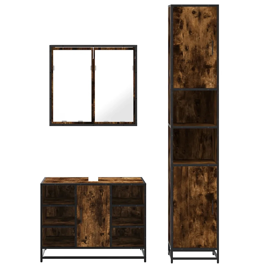 Set Mobili da Bagno 3 pz Rovere Fumo in Legno Multistrato
