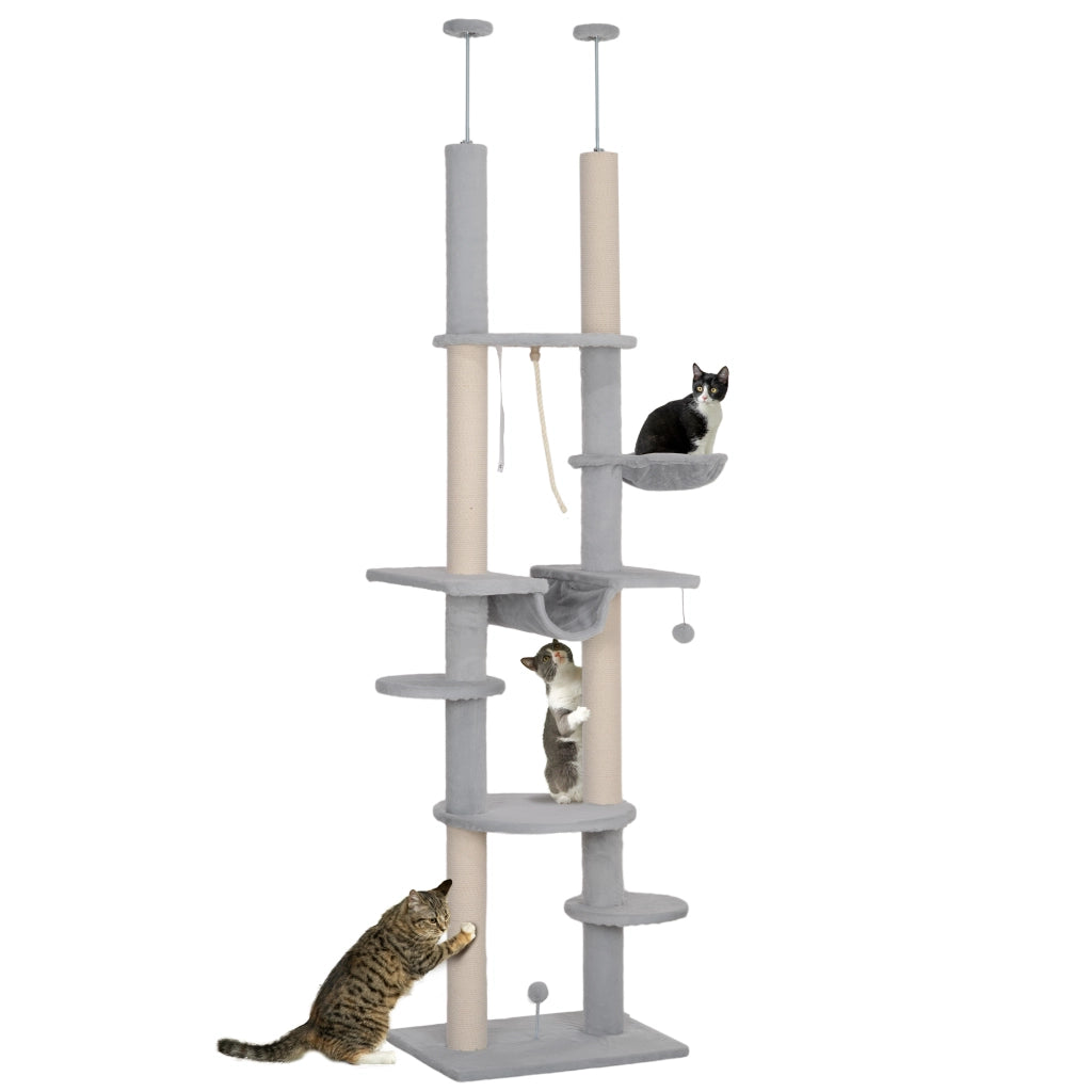 Tiragraffi per Gatti da Pavimento a Soffitto ¨C Xylo ¨C 225-255 cm Grigio con Amache Piattaforme