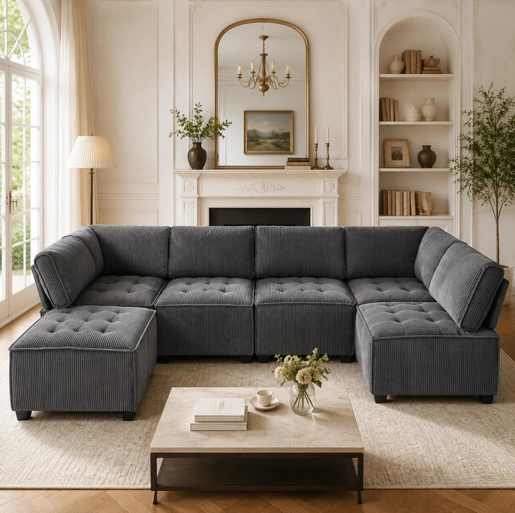 DIVANO Modulare 6 Posti in Velluto a Coste Grigio 308x154 cm