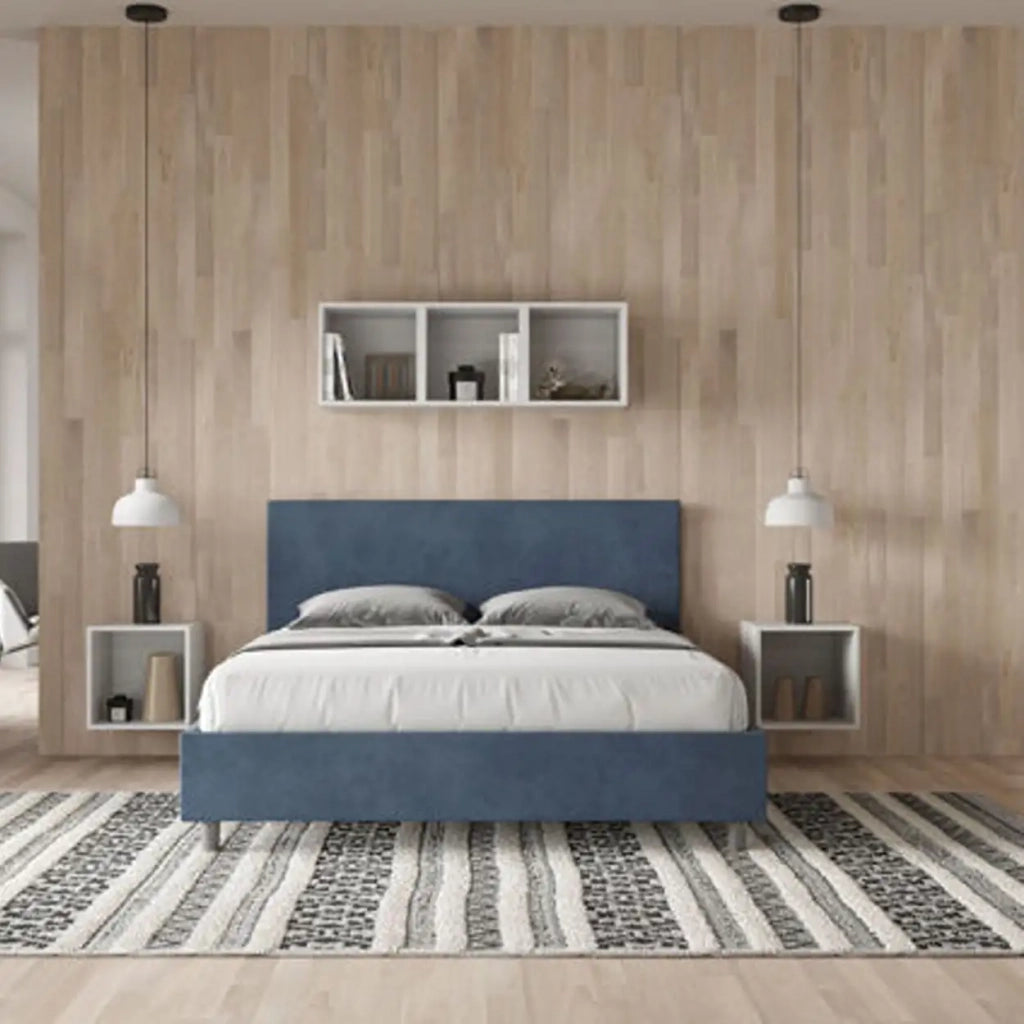 Letto matrimoniale senza rete imbottito 160x190 microfibra blu Adele