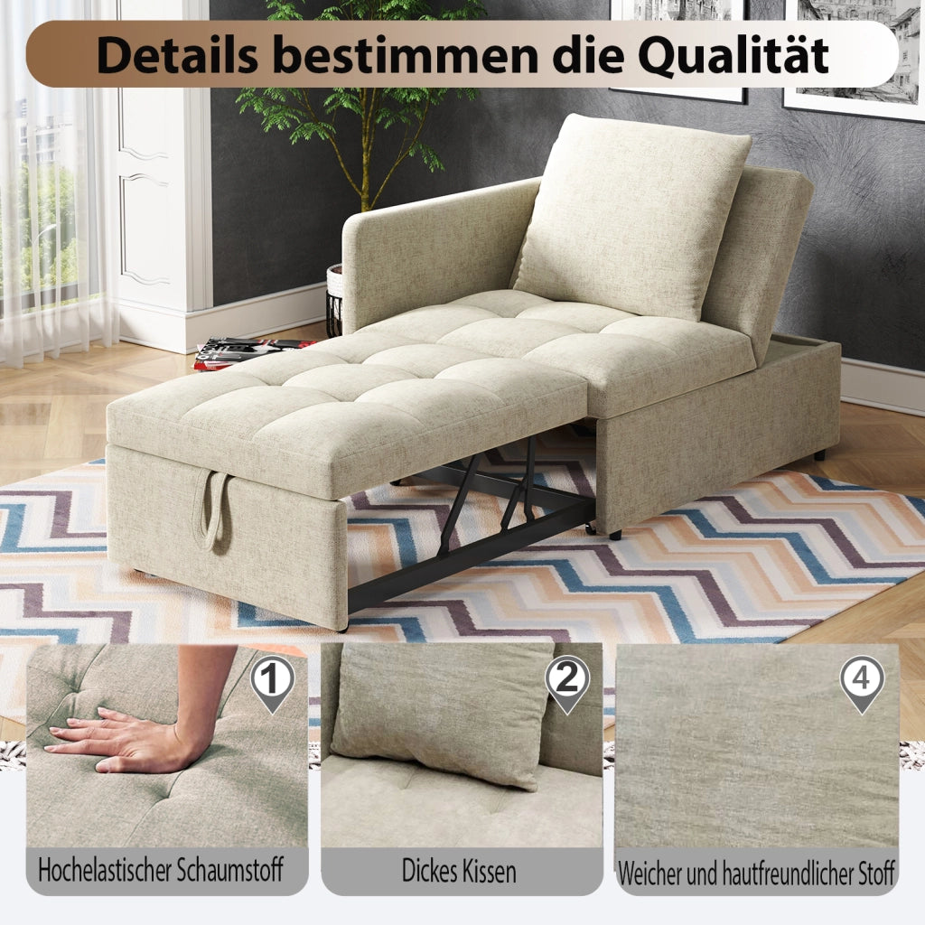 Divano Letto Convertibile 3 in 1 con Schienale Regolabile a 5 Posizioni e Cuscino, in Lino Beige