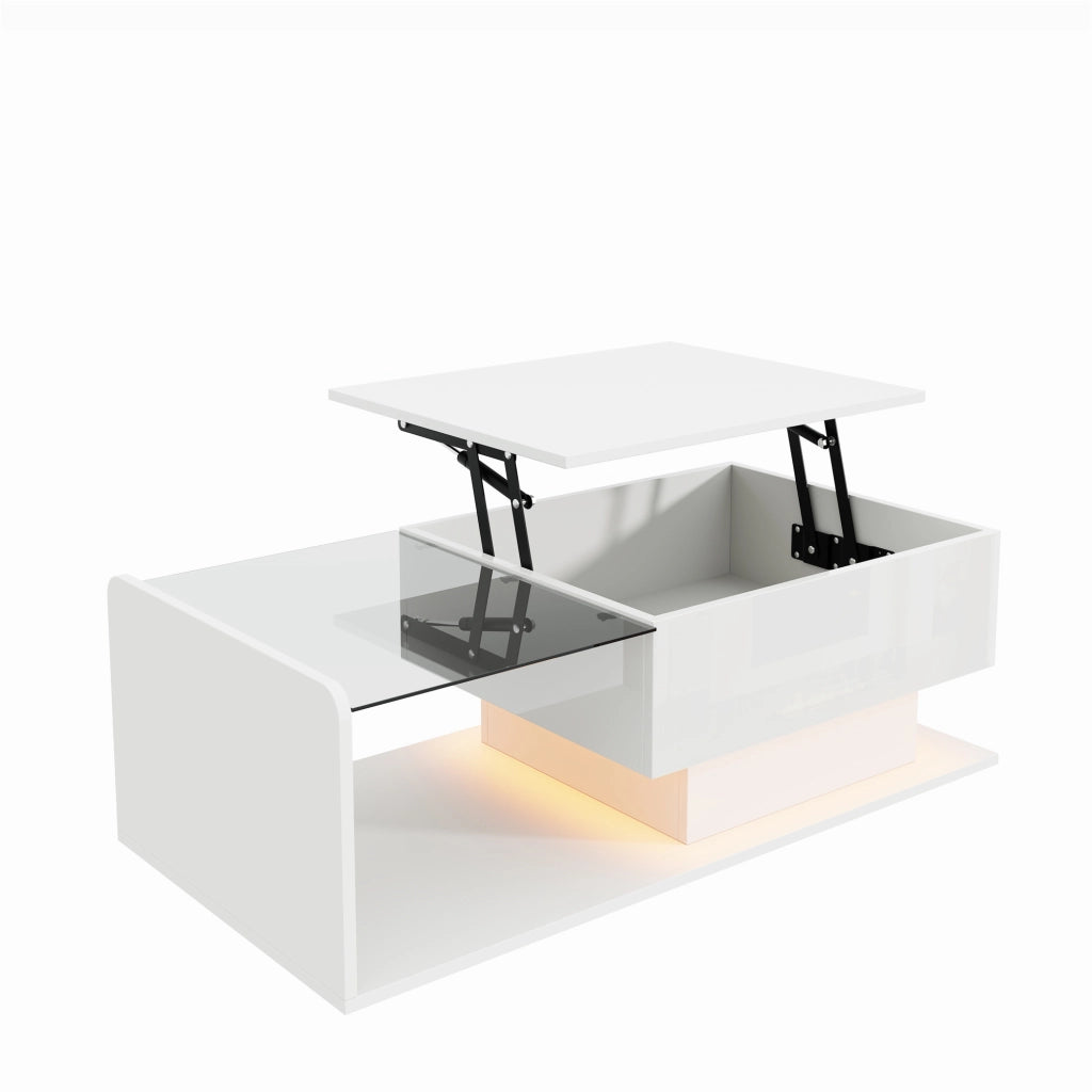 Tavolino da caffè 100x50x33/47.5 cm; altezza regolabile con luce LED e spazio contenitivo; truciolare e vetro temperato bianco