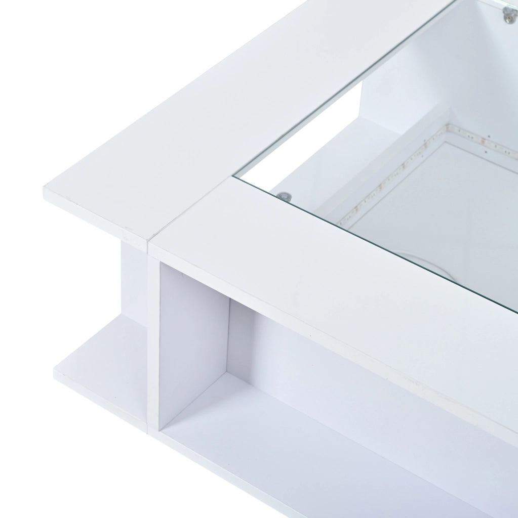 Tavolino da salotto quadrato 70x70x30 cm bianco lucido con piano in vetro e LED
