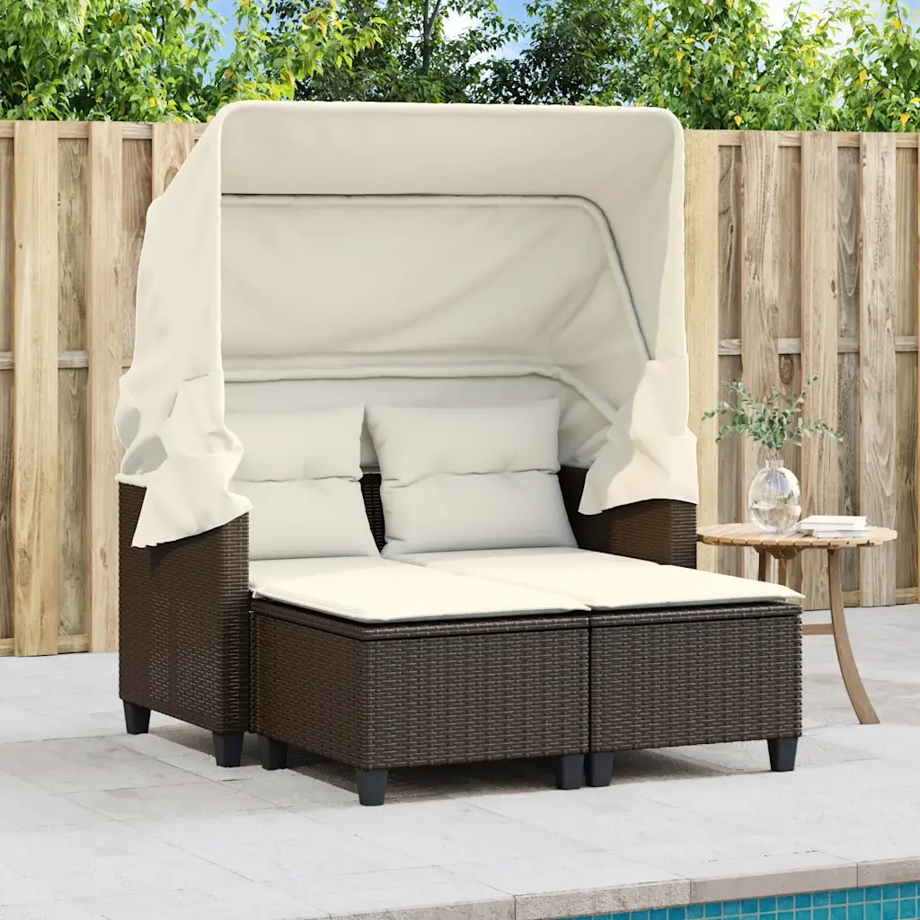 Divano Giardino 2 Posti Baldacchino Sgabelli Marrone Polyrattan 365782