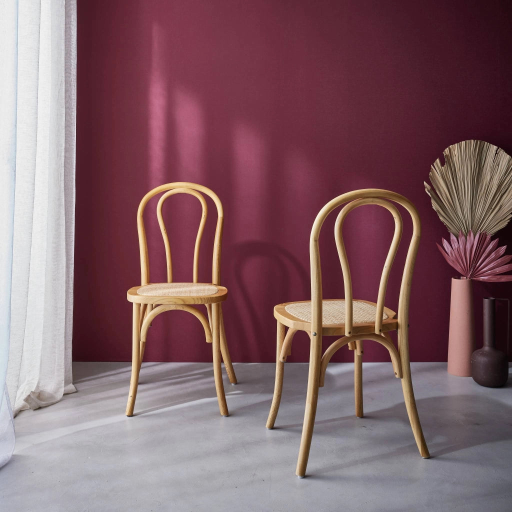 Set 2 sedie vintage in legno e rattan, marrone naturale