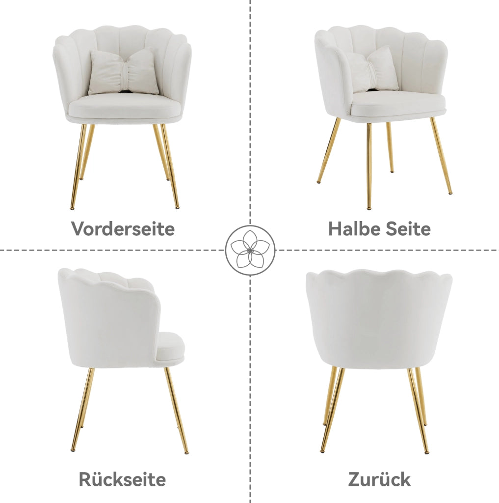 Poltrona in velluto beige con schienale a petali; gambe in metallo e cuscini
