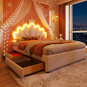 Letto per bambini 140x200 cm con LED; 2 cassetti e testiera regolabile; similpelle bianca e rosa