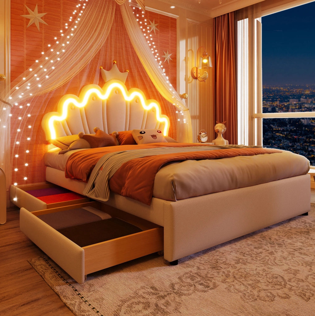 Letto per bambini 140x200 cm con LED; 2 cassetti e testiera regolabile; similpelle bianca e rosa