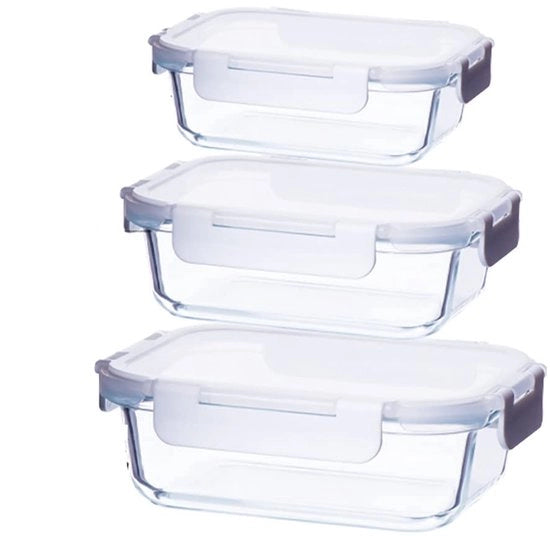 Contenitori rettangolari per alimenti in vetro resistente con coperchi chiusi, 3-pack