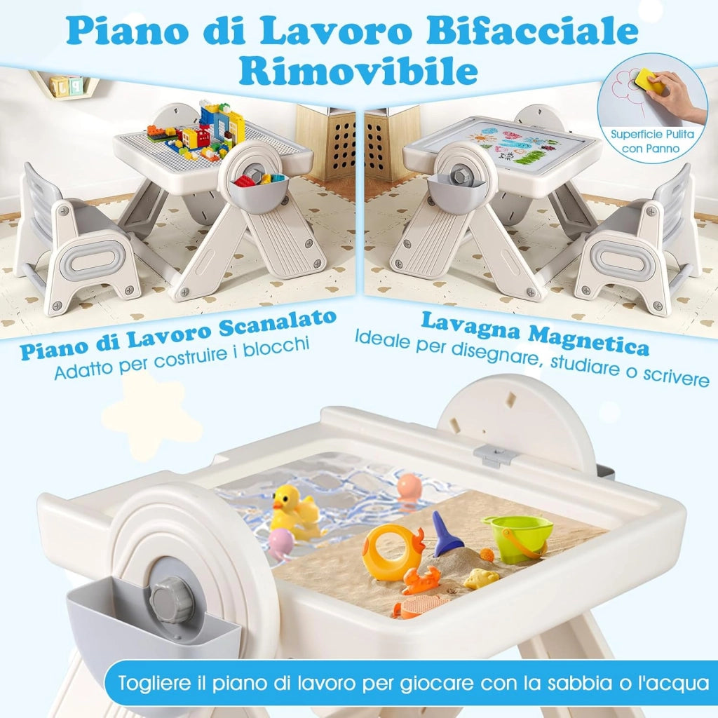 Set Tavolo e Sedia 6 in 1 per Bambini 18+ Mesi, Tavolino Pieghevole con Piano Reversibile, Porta Penne, Cesti Contenitori e Scaffale, Tavolo Salvaspazio per Giochi per Cameretta (Grigio)