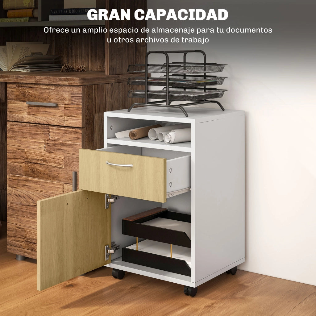 Cassettiera con Anta e Ruote per Ufficio ¨C zephmum ¨C Bianco e Naturale 40x35x60 cm