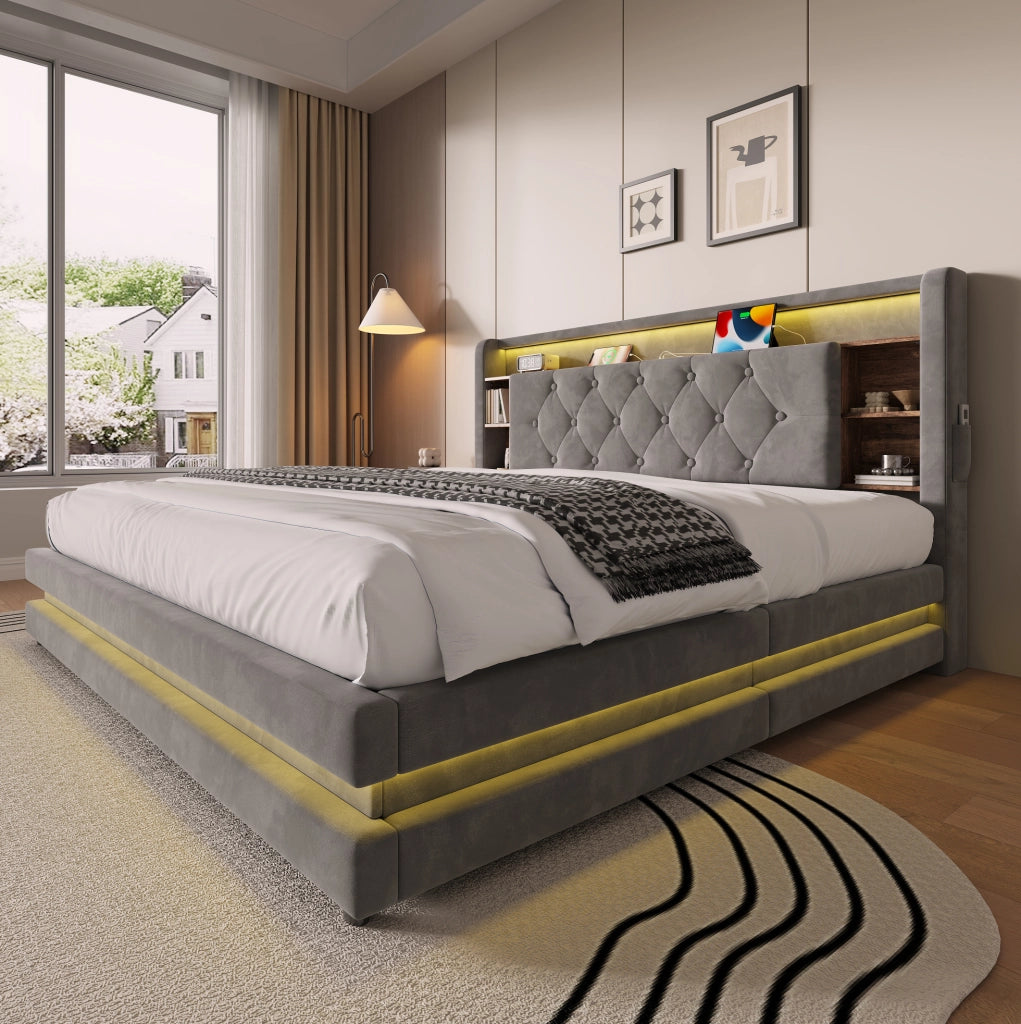 Letto imbottito 160x200 cm con contenitore, LED e USB, grigio scuro