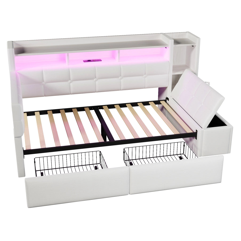 OKWISH Letto Divano 90×190 cm, Letto Singolo con 2 Cassetti, USB, Type-C, Mensola e LED Regolabile, senza Materasso, in Velluto, Bianco