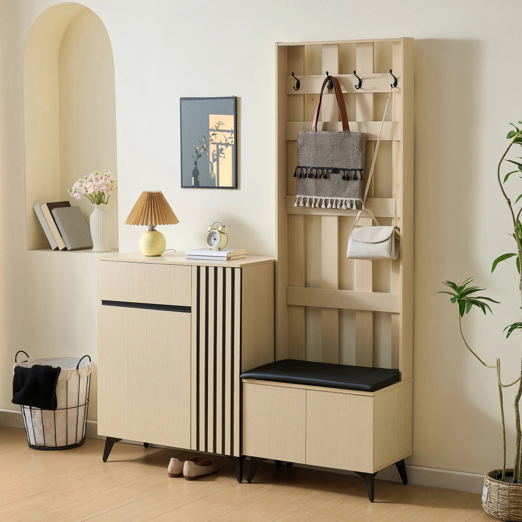 Mobile da ingresso con panca, appendiabiti e credenza con 2 ante, 1 cassetto e ripiani regolabili in MDF effetto legno