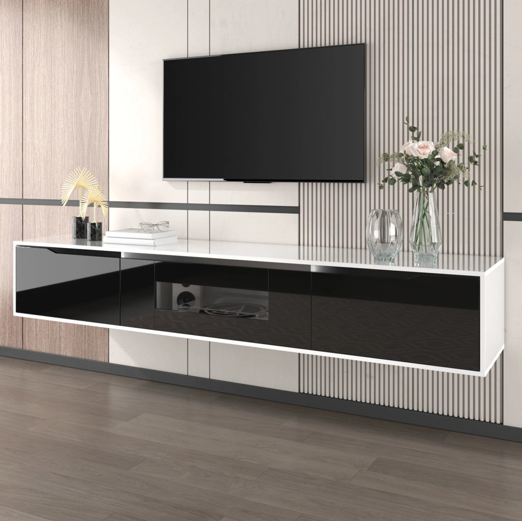 Mobile TV moderno nero e bianco lucido con LED multicolore, 180 cm