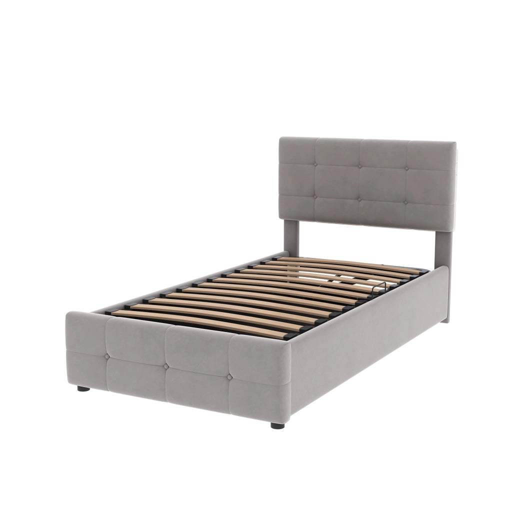 Letti contenitori 90x200 cm; contenitore idraulico; testiera regolabile; velluto grigio (Senza materasso)