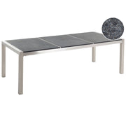 Tavolo da pranzo da giardino Piano in granito grigio e argento Gambe in acciaio inox esterne 8 posti 220 x 100 x 74 cm