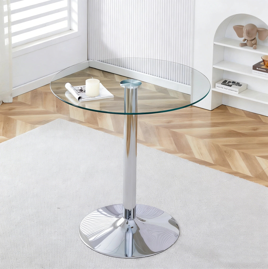 Tavolo da bar rotondo 89 cm; altezza 92 cm in vetro trasparente con base in metallo argento