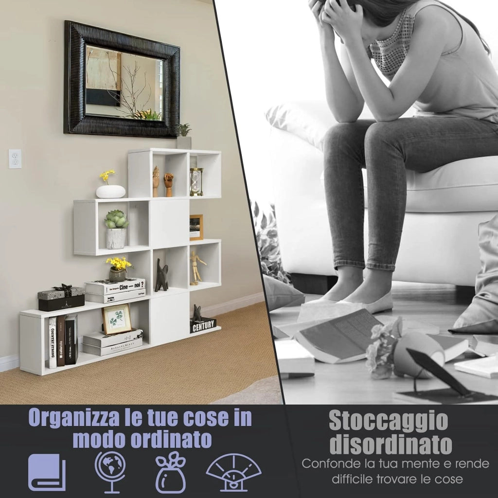 Libreria in Legno, 5 Livelli con Ante, Scaffale Multifunzionale a Forma di Scala, Ideale per Soggiorno Studio Ufficio, 120x19,5x109cm (Bianco)