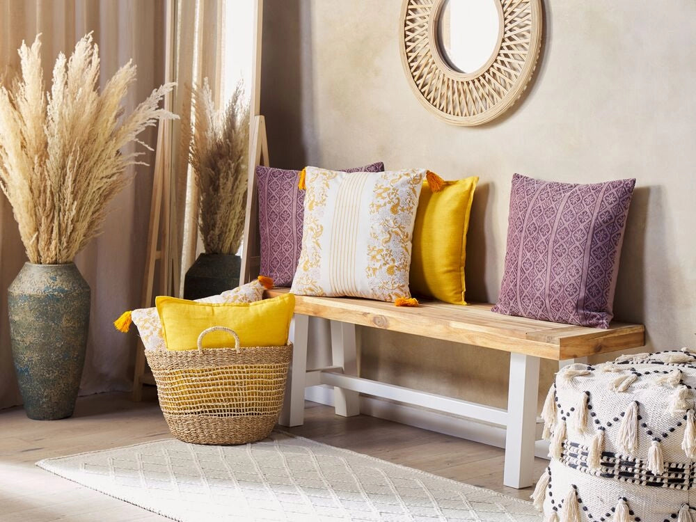 Set di 2 cuscini decorativi gialli e bianchi 45 x 45 cm stampa a mano rivestimenti sfoderabili cerniera motivo floreale