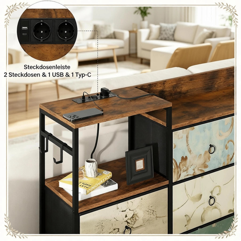 Cassettiera con 8 cassetti in tessuto ripiano aperto prese USB e Type-C marrone rustico nero 132 × 88 × 29 cm