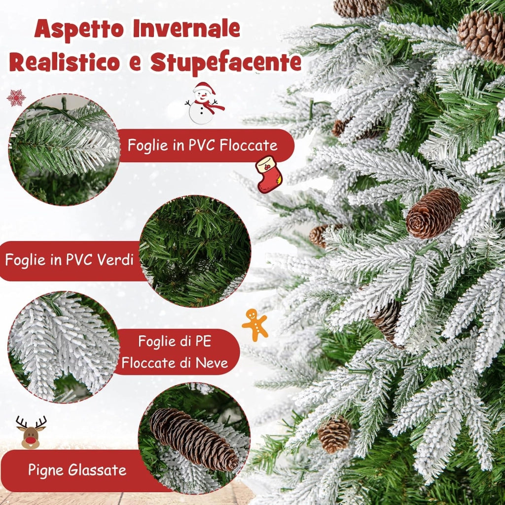 Albero di Natale Artificiale Pre-Luminoso 225 CM, Albero di Natale Innevato con 470 Luci LED Bianche Calde, 1135 Punte, 81 Pigne e Base Metallica (225 CM)