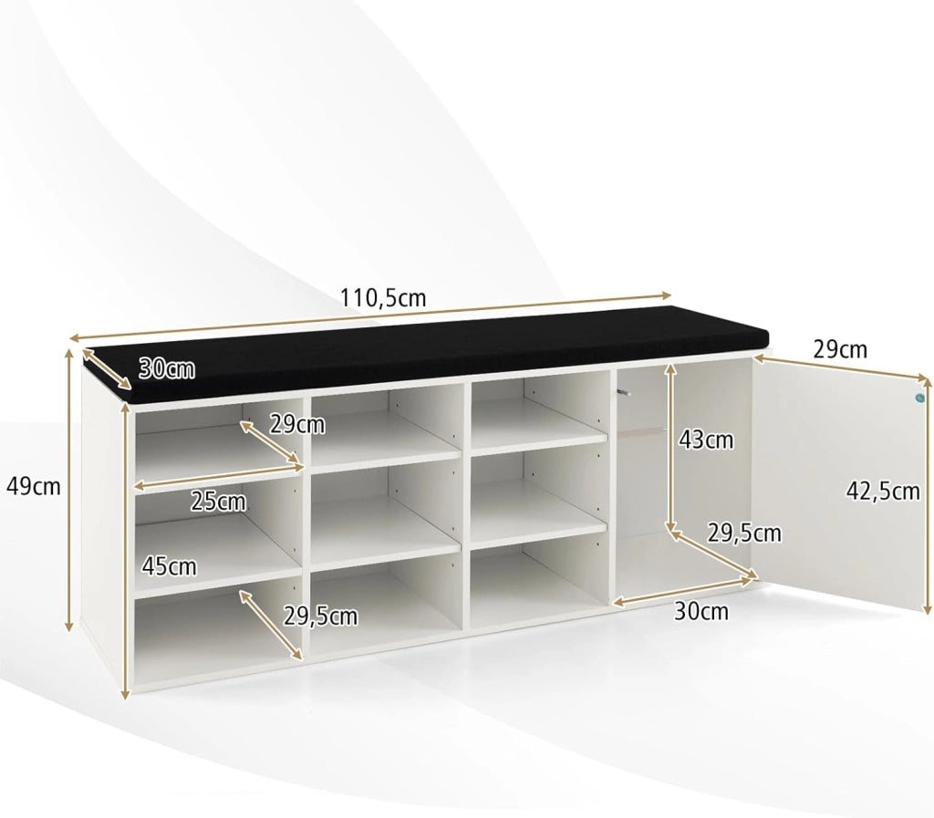 Panca Scarpiera da Ingresso, Scarpiera con Seduta Imbottito, 9 Scomparti e Armadio con Ante, Panca Contenitore con Ripiani Regolabili, per Camera da Letto Corridoio, 110,5x30x49 cm (Bianco)