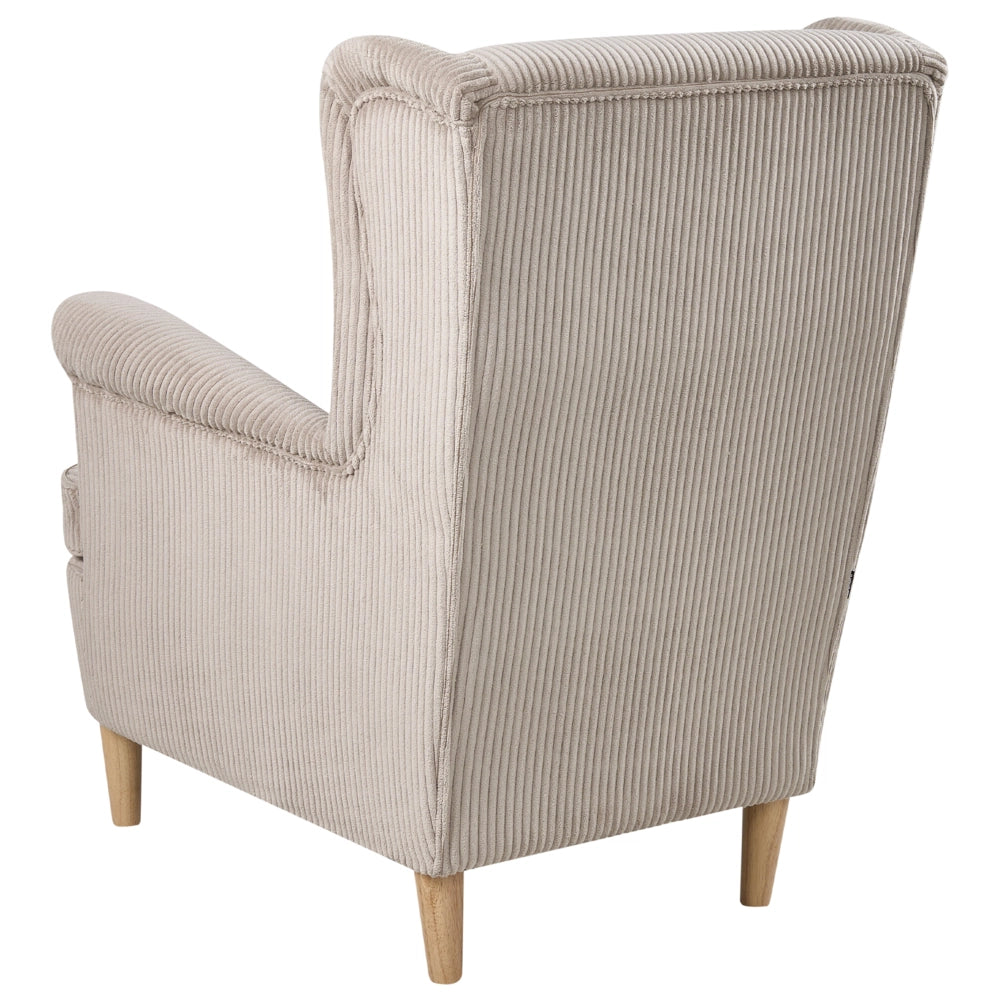 Poltrona Wingback Rivestimento in velluto a coste beige Schienale alto Gambe in legno Soggiorno tradizionale retrò