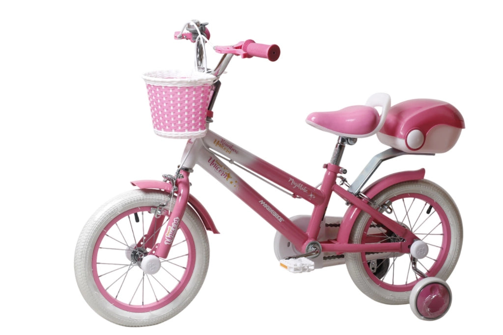 Bicicletta per Bambine Unicorn 16 Pollici con Stabilizzatori Bauletto e Cestino Rosa Rosa