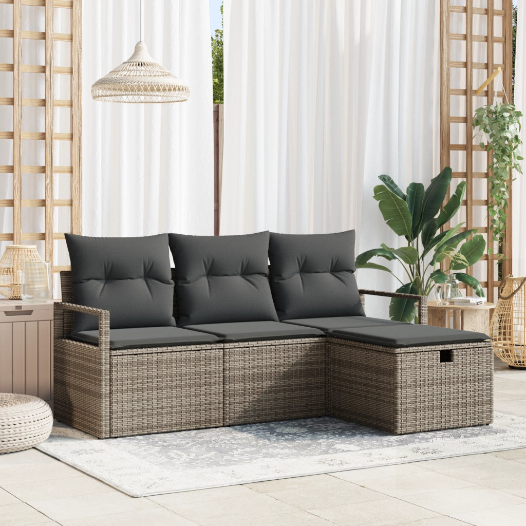 Set di Divani da Giardino 4 Pezzi con Cuscini Grigio Rattan Poliestere