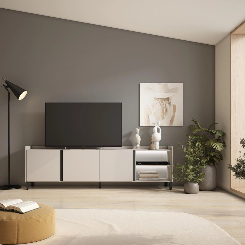 Mobile TV Soggiorno, 207x61x35 cm, Per TV fino a 80", Design industriale, LED, Beige