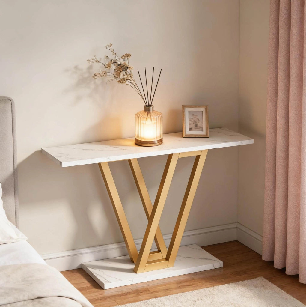 Tavolo consolle stretto 110x30x80 cm in MDF e metallo bianco e oro