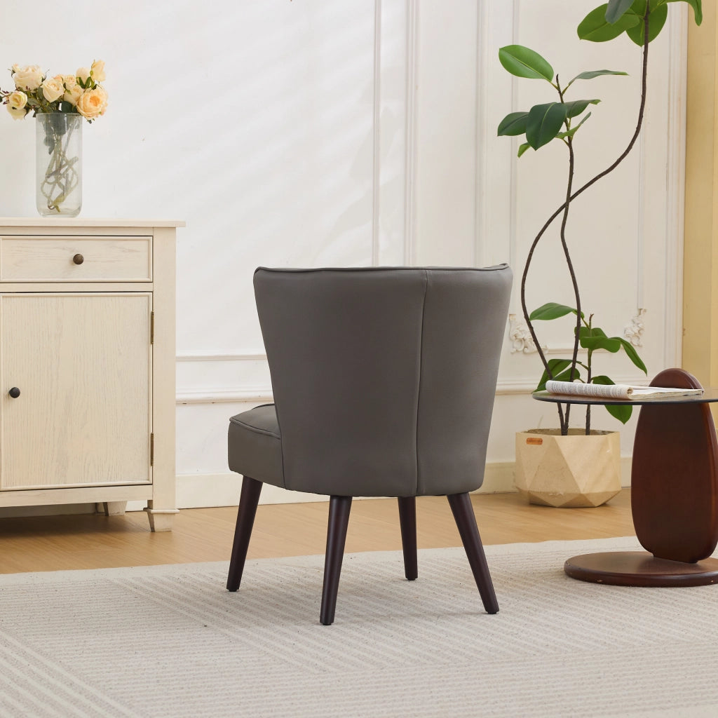 Poltrona senza braccioli in pelle con cuciture diagonali e base in legno - grigio