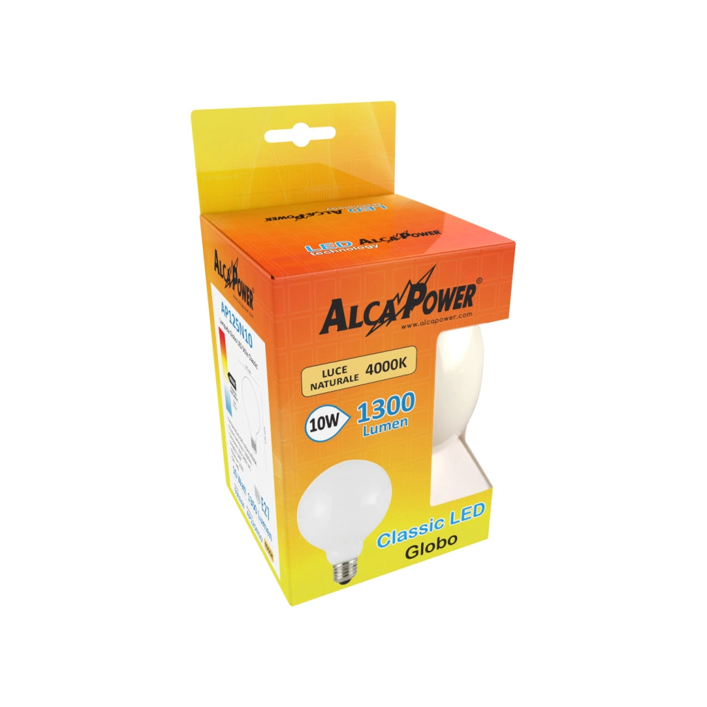 Alcapower Lampadina LED Globo 125 Classic Vetro Bianco 10W E27 1300lm 4000K Luce Naturale 360 Gradi Classe Energetica E Diametro 125mm
