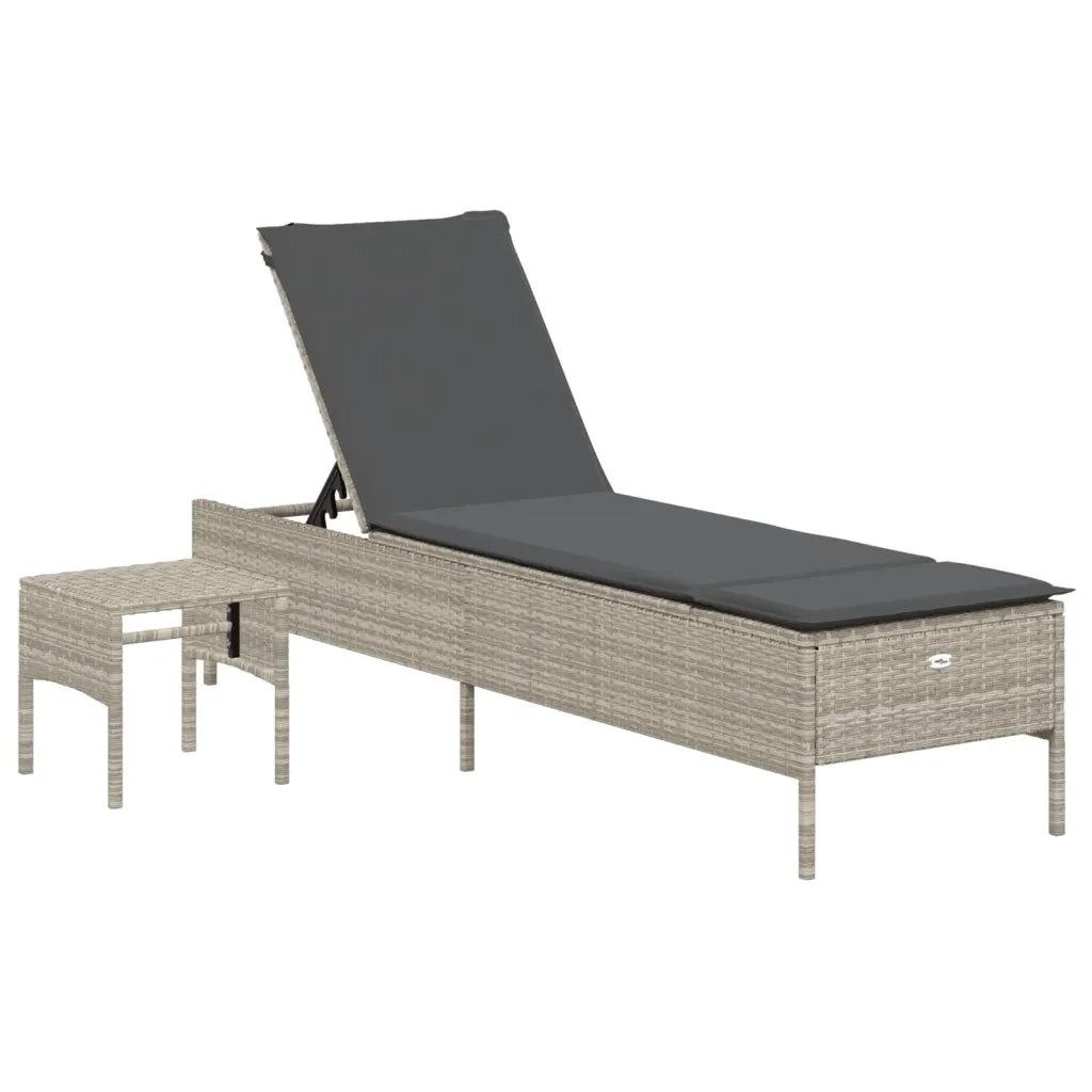 Sdraio da giardino | Lettino con Tavolo e Cuscino Grigio Chiaro in Polyrattan