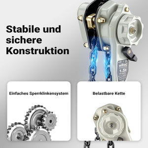 Paranco a leva 1,5 t x 1,5 m, paranco a catena compatto con impugnatura girevole a 360°, per lavori di sollevamento in spazi ristretti