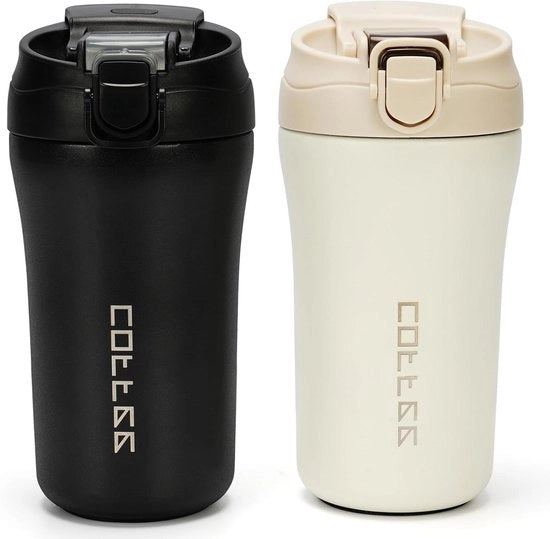 Set di Tazze da Viaggio in Acciaio Inossidabile Isolante - 2 pezzi da 400 ml - Coperchi Ermetici - Vaschette Termiche