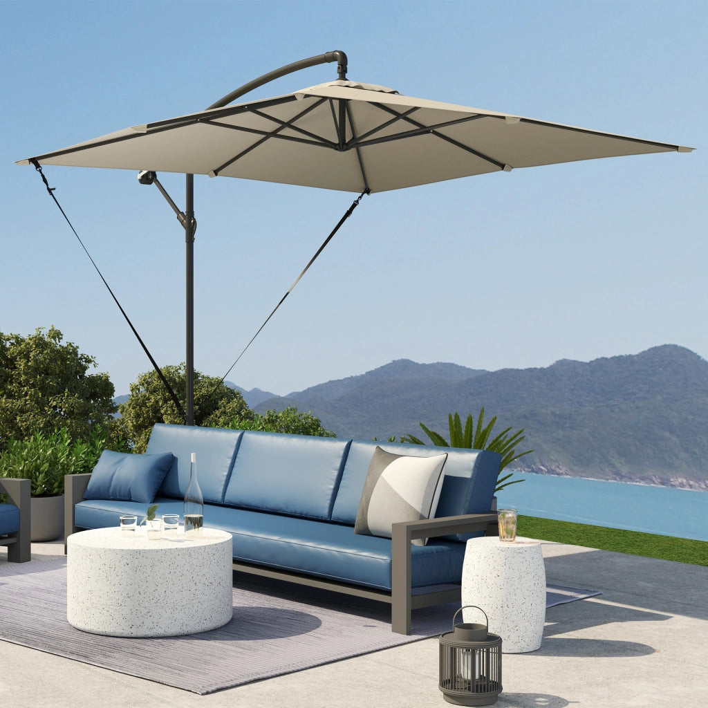 Ombrellone a Sbalzo 247x247 cm con Base a Croce e Manovella in Metallo e Poliestere Cachi