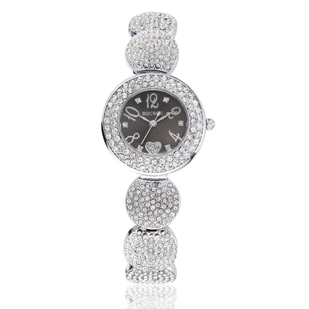 Trade Shop - Orologio Polso Sousou S6097 Donna Cuore Brillantini Movimento Quarzo Silver Nero -
