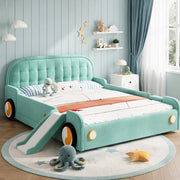 Letto per bambini a forma di auto con scivolo e scala, Blu-verde, 140x200 cm