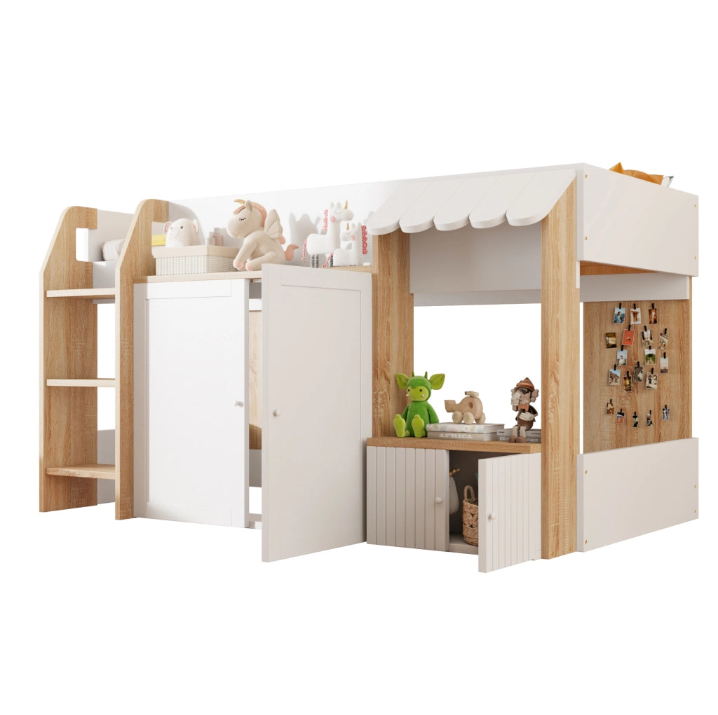 Letto a soppalco 90x200 cm con scala e contenitore in legno bianco e colore naturale