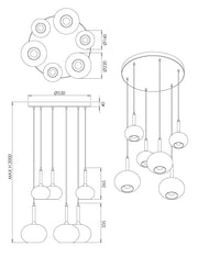 Lampada a Sospensione Edolo Ø530mm in metallo e vetro borosilicato Fumé, attacco E27+E14 6x40W, Classe 1, IP20, Design Moderno - Edolo