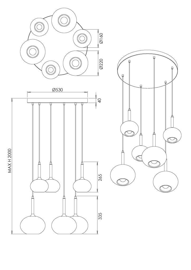 Lampada a Sospensione Edolo Ø530mm in metallo e vetro borosilicato Fumé, attacco E27+E14 6x40W, Classe 1, IP20, Design Moderno - Edolo