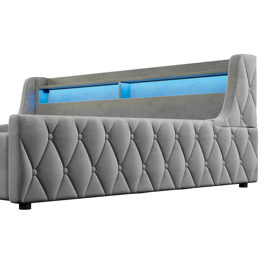 Letto Singolo 140x200 cm con Contenitore; LED Multicolore; in Flanella; Grigio