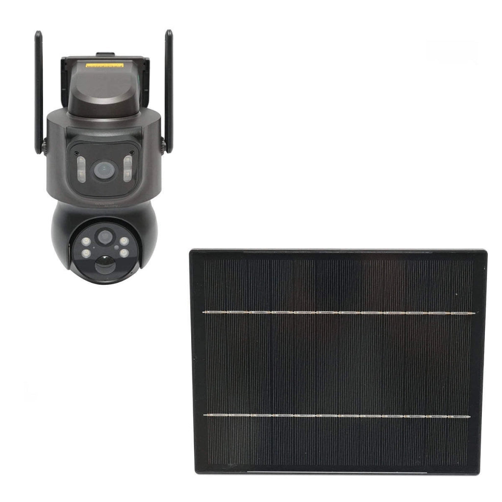 Telecamera di sorveglianza con lente doppia 4 MP, pannello solare 7.6W, batteria 18650 a ricarica rapida, WIFI 2.4 GHz, rotazione 360° PTZ con sensore di movimento, rilevamento umano PIR, allarme, visione notturna e applicazione iCSee