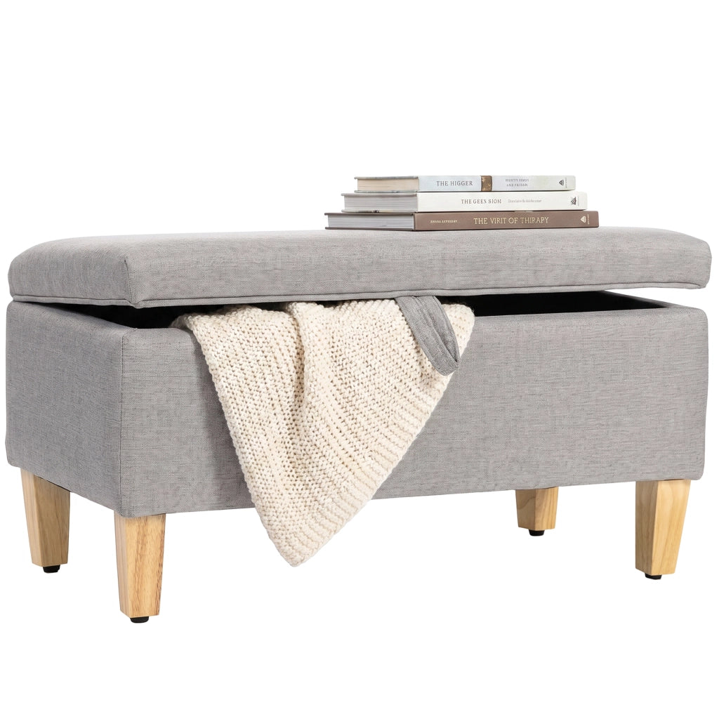 Panca contenitore con seduta imbottita ¨C Xylo ¨C Effetto lino grigio chiaro gambe legno
