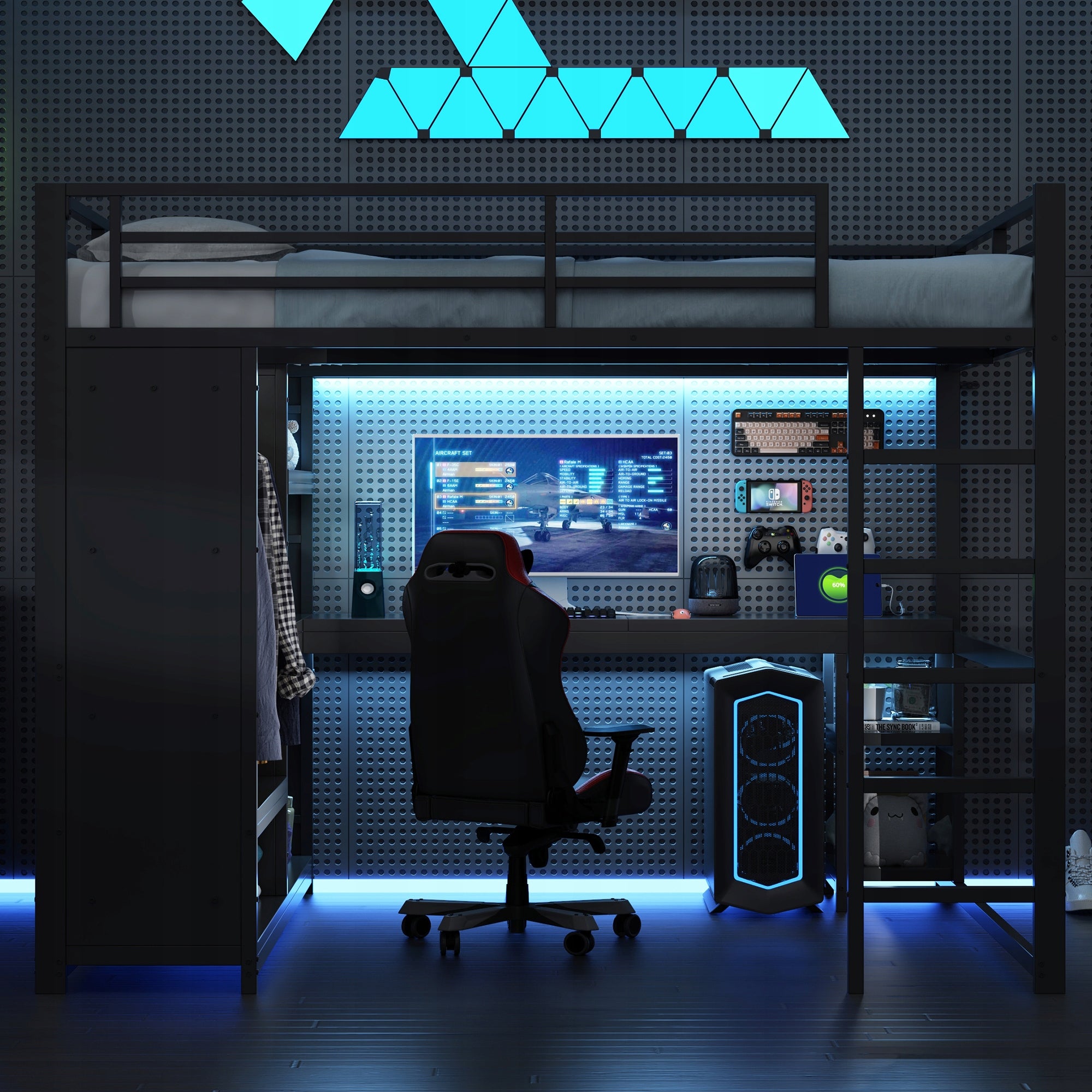 Letto gaming con scrivania e armadio - Xylo - 160x200 - Nero - LED