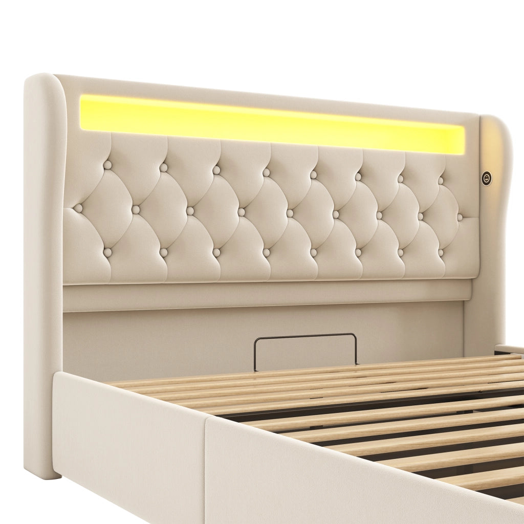 DESMIU Letto contenitore idraulico 160 × 200 cm 2 posti con LED, USB e Type C, senza materasso, in velluto, beige